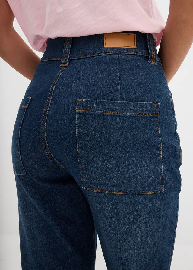 Jeansy ze stretchem, high waist, straight • ciemnoniebieski denim "used" • sklep bonprix