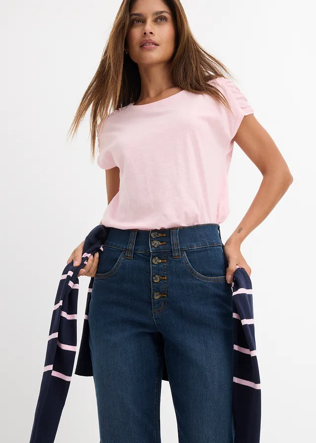 Jean droit taille haute, extensible • bleu foncé denim used • product-page.page-title-suffix