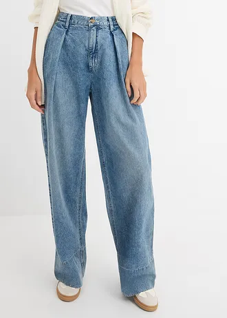 Wide leg jeans, high waist, Kleur: lichtblauw denim-lichtsand used