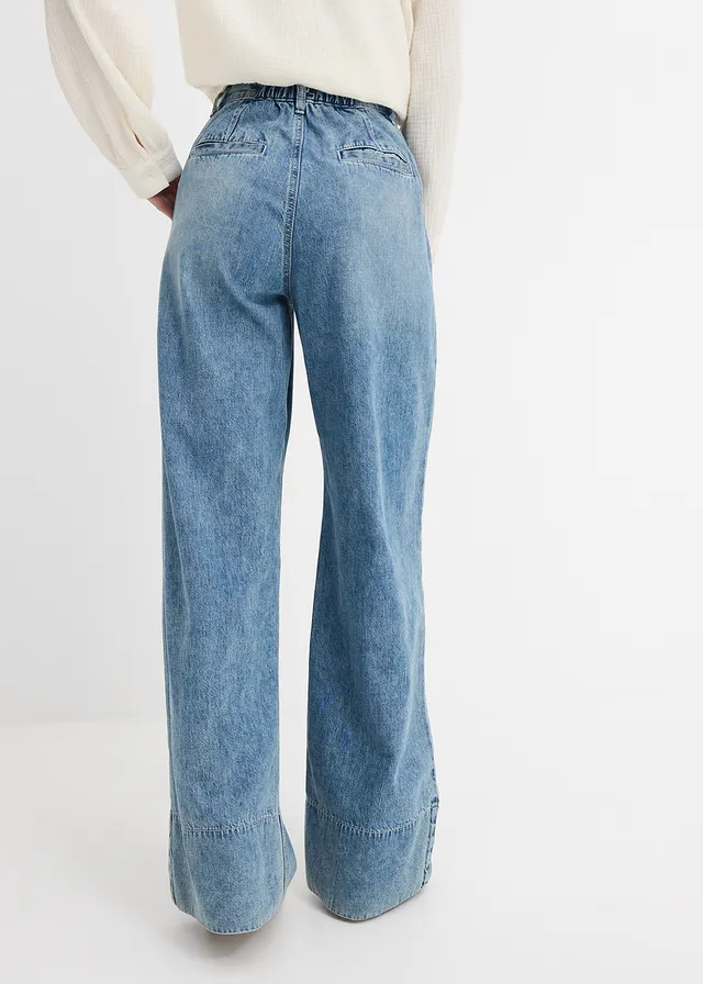 Jean large taille haute, Couleur: bleu clair denim-sable clair used