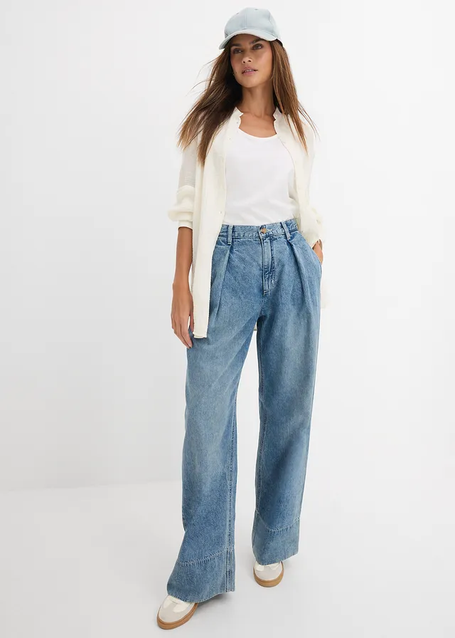 Wide leg jeans, high waist, Kleur: lichtblauw denim-lichtsand used