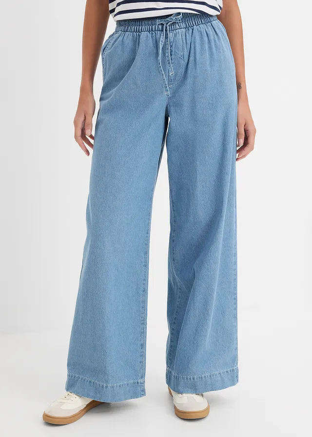 Jean large, taille mi-haute et élastiquée, Couleur: denim bleu glacier used