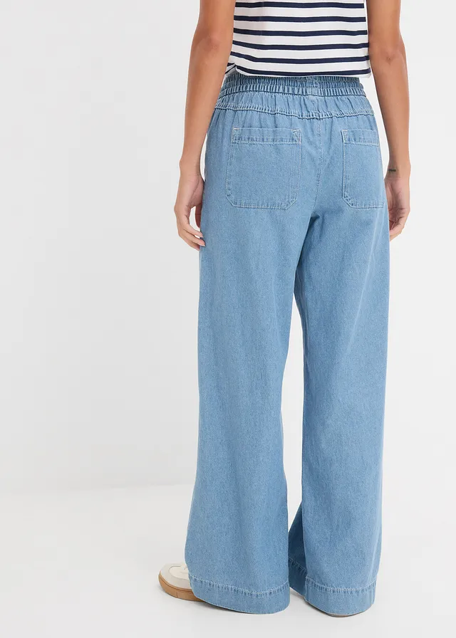 Wide leg jeans, mid waist met comfortband, Kleur: ijsblauw denim used