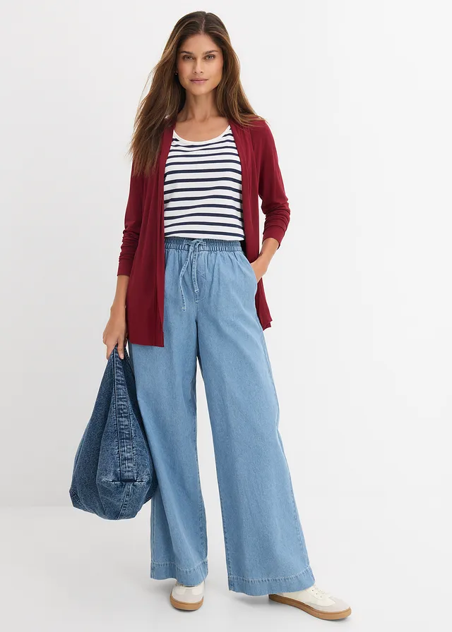 Wide leg jeans, mid waist met comfortband, Kleur: ijsblauw denim used