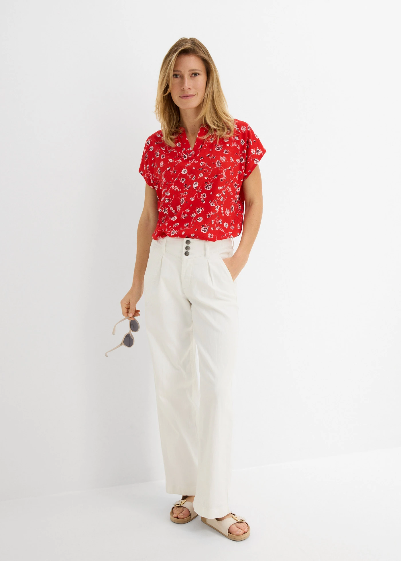 Wide Leg farmer, High Waist, kényelmes derékpánttal • gyapjúfehér • bonprix áruház