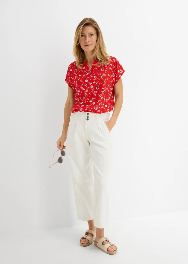 Jean large, taille haute et élastiquée, cropped, Couleur: écru