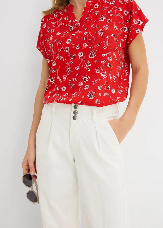 Jean large, taille haute et élastiquée, cropped, Couleur: écru