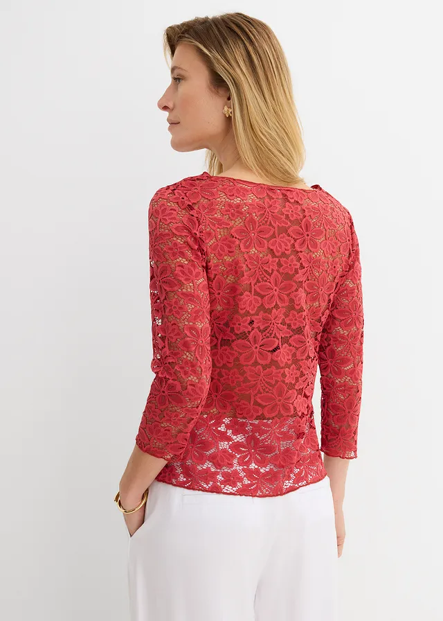 Getailleerd kanten shirt, Kleur: kersenrood