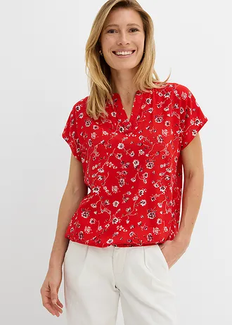 Tuniekblouse van soepele viscose, Kleur: aardbeirood gebloemd