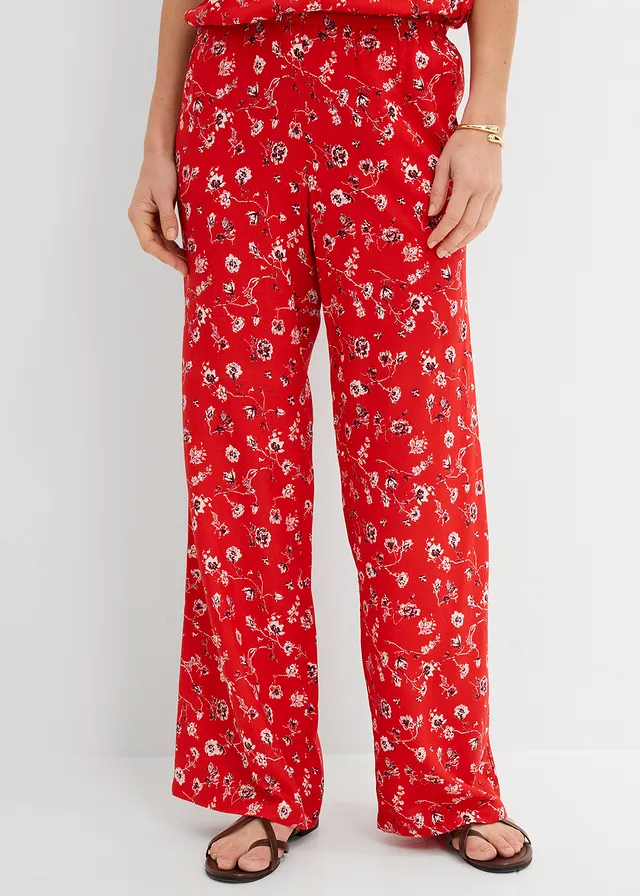 Pantalon en viscose fluide, taille élastiquée, Couleur: fraise floral