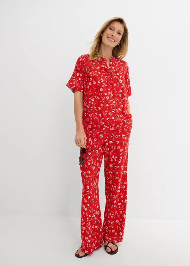 Broek van soepele viscose, Kleur: aardbeirood gebloemd