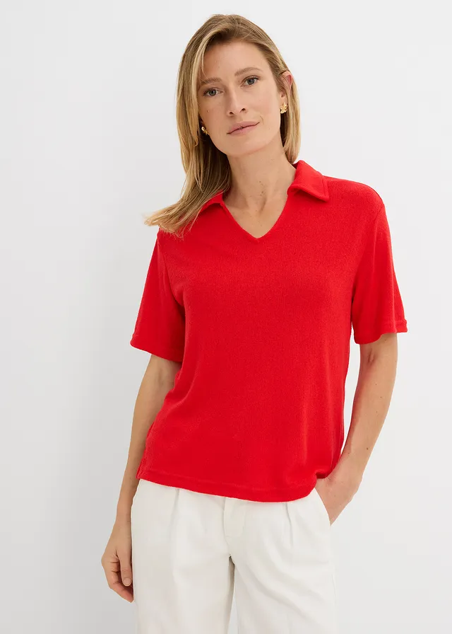 Poloshirt in gebreide look, Kleur: aardbeirood