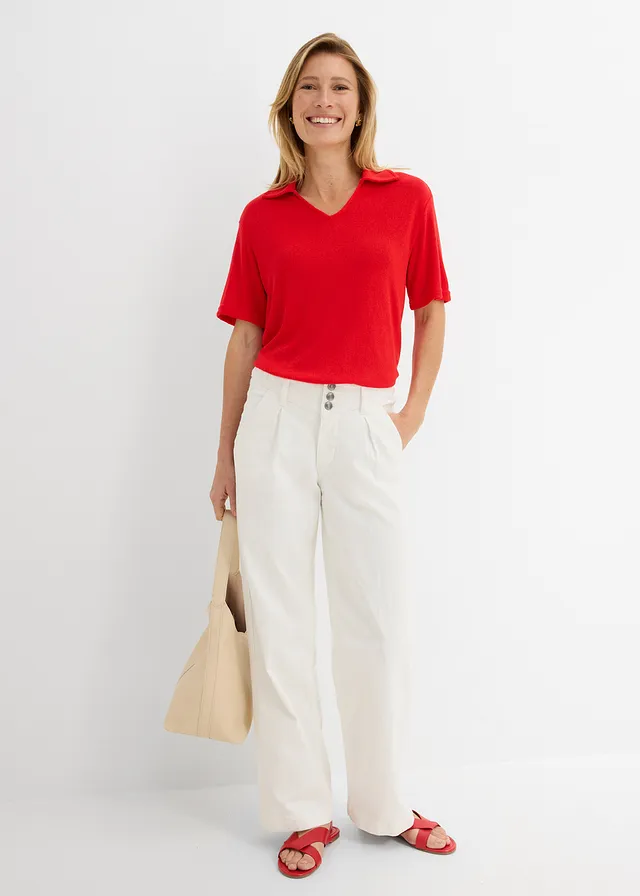 Poloshirt in gebreide look, Kleur: aardbeirood