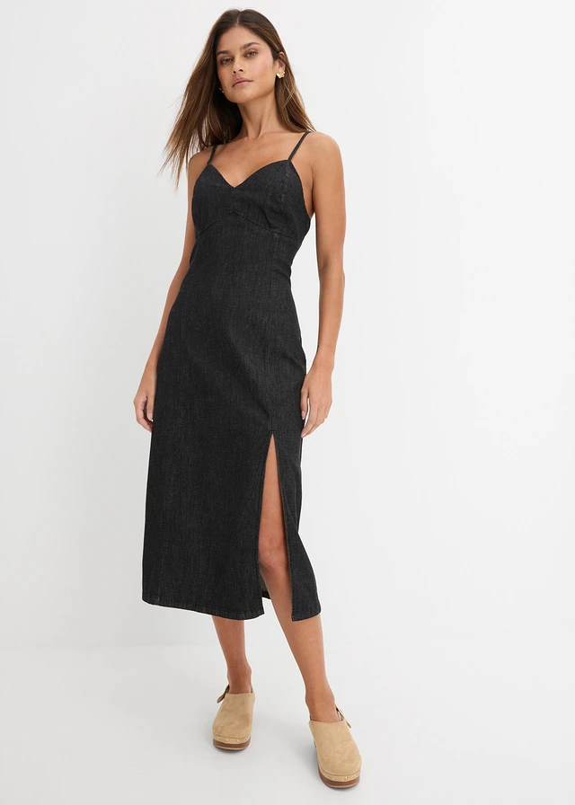 Robe en jean fendue, Couleur: noir denim
