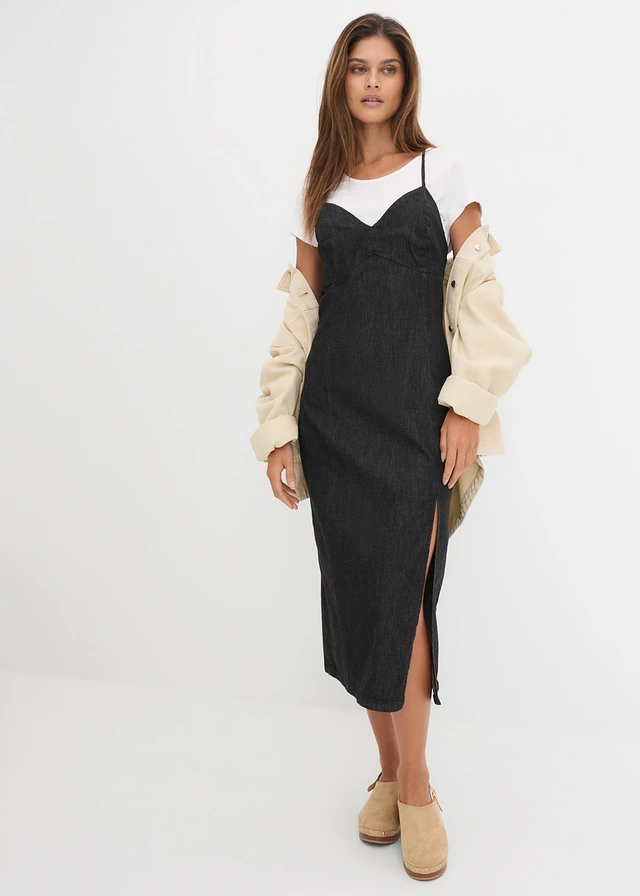 Rochie de blugi cu crăpătură bej nisipiu mat