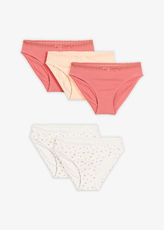 Slip met zacht katoen (set van 5), Kleur: wolwit met print+rabarber+parelbeige