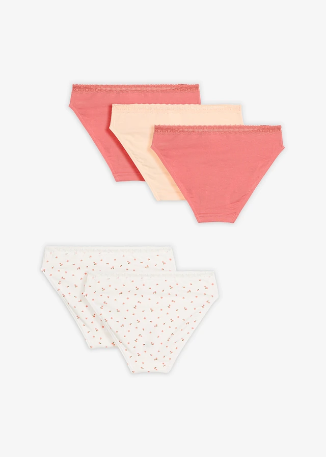 Slip met zacht katoen en kant (set van 5), Kleur: wolwit met print+rabarber+parelbeige