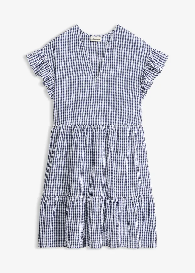 Robe courte en seersucker • écru-bleu foncé carreaux • Boutique bonprix