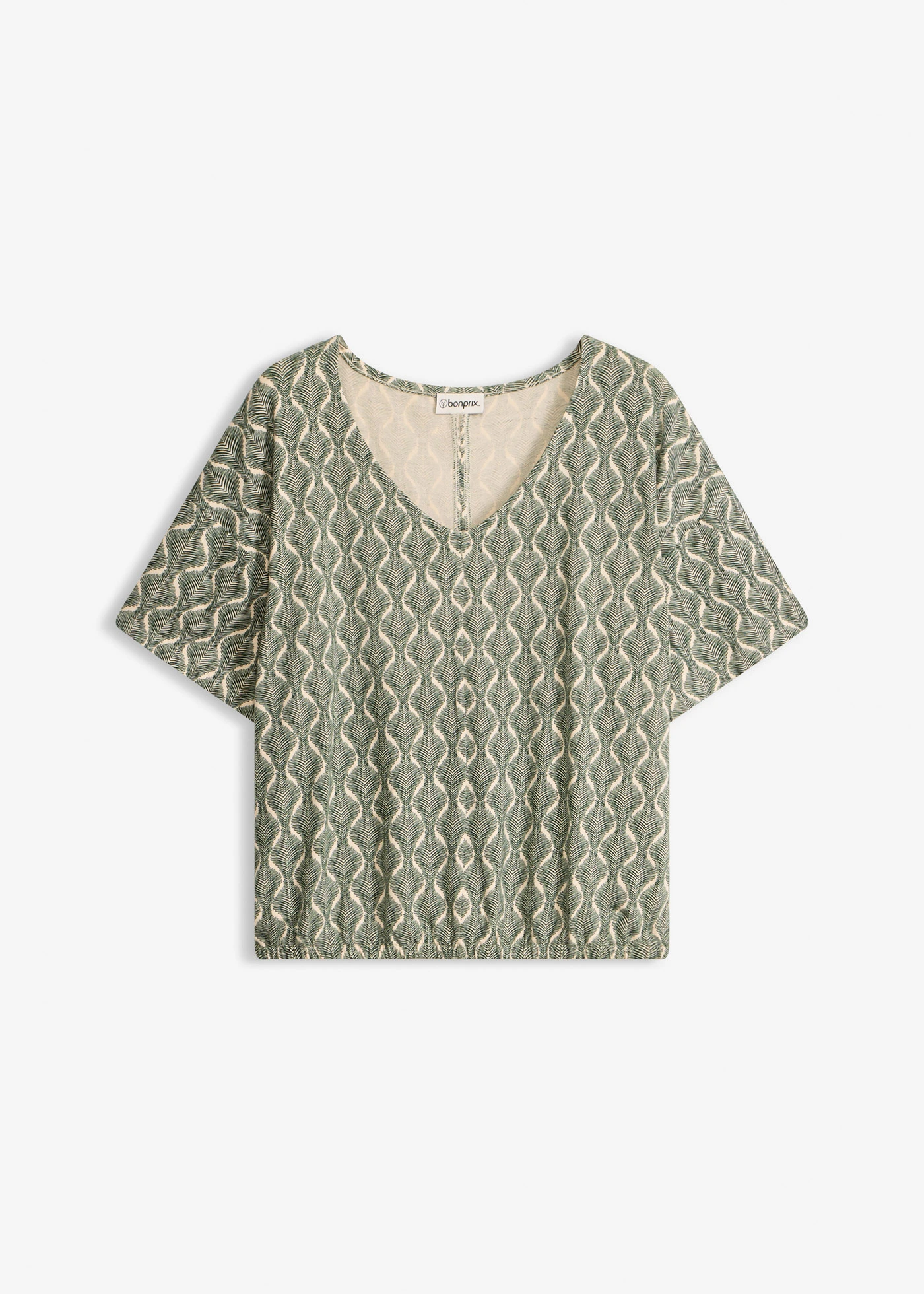 T-shirt oversize en viscose extensible • beige sable-vert foncé imprimé • Boutique bonprix