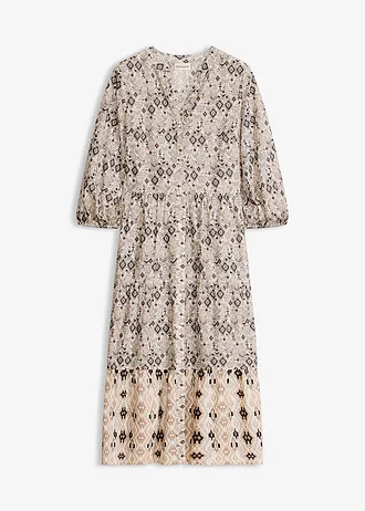 Robe midi en coton léger, Couleur: blanc nacré-noir imprimé