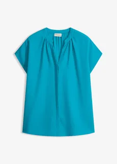 Blouse met korte mouwen en blinde knoopsluiting, Kleur: blauwgroen