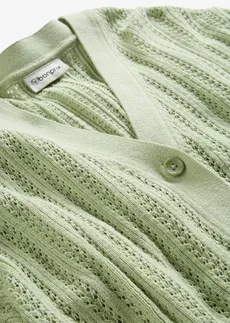 Sweter rozpinany w ażurowy wzór z dodatkiem lnu • zielono-szary • sklep bonprix