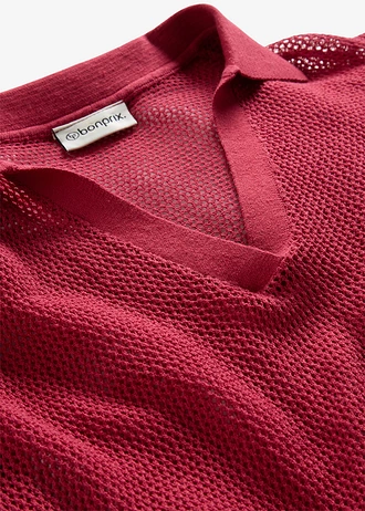Bluză tricot polo ajurată, cu in în compoziție • roșu-cireașă • magazin bonprix