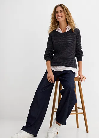 Pull en maille texturée de coton mélangé • bleu nuit • Boutique bonprix