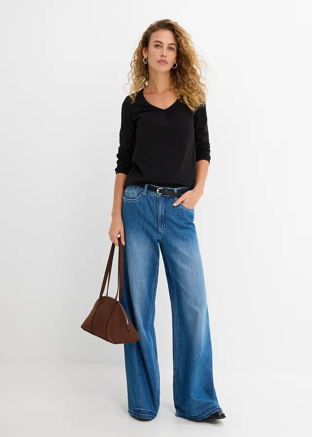 Bluză cu mâneci lungi și tiv elastic, 100% din bumbac bej-migdală + crem + negru