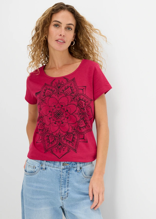 T-shirt fil flammé manches courtes, Couleur: rouge baie imprimé graphique