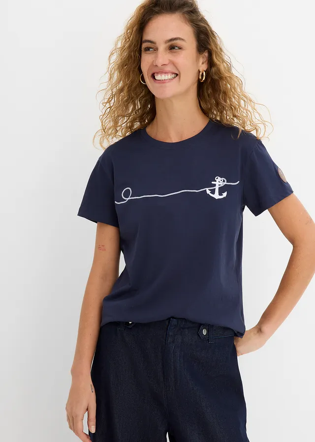 T-shirt brodé, Couleur: bleu foncé