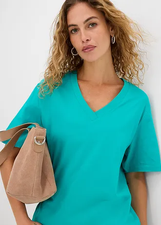 Wijd longshirt met V-hals, korte mouw  (set van 5) • smaragd + wijnbes + medium fuchsia + wit + zwart • bonprix online shop