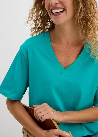 Wijd longshirt met V-hals, korte mouw  (set van 5) • smaragd + wijnbes + medium fuchsia + wit + zwart • bonprix online shop