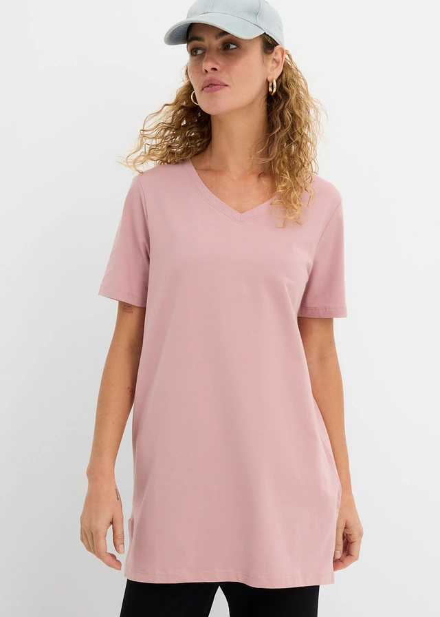 Lot de 2 T-shirts longs col V, Couleur: noir + bois de rose