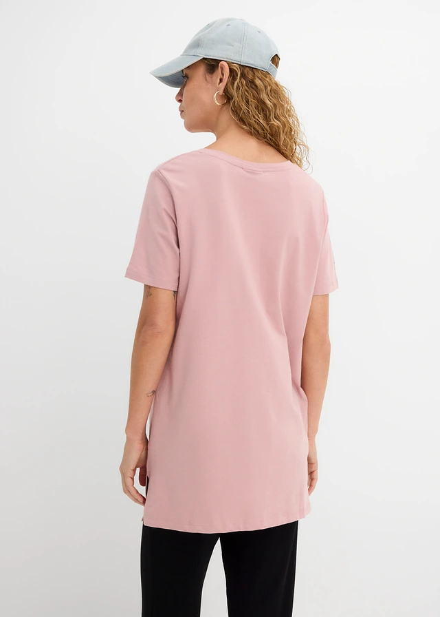 Lot de 2 T-shirts longs col V, Couleur: noir + bois de rose