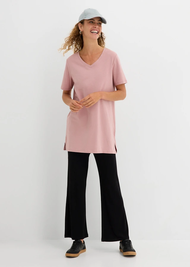 Lot de 2 T-shirts longs col V, Couleur: noir + bois de rose
