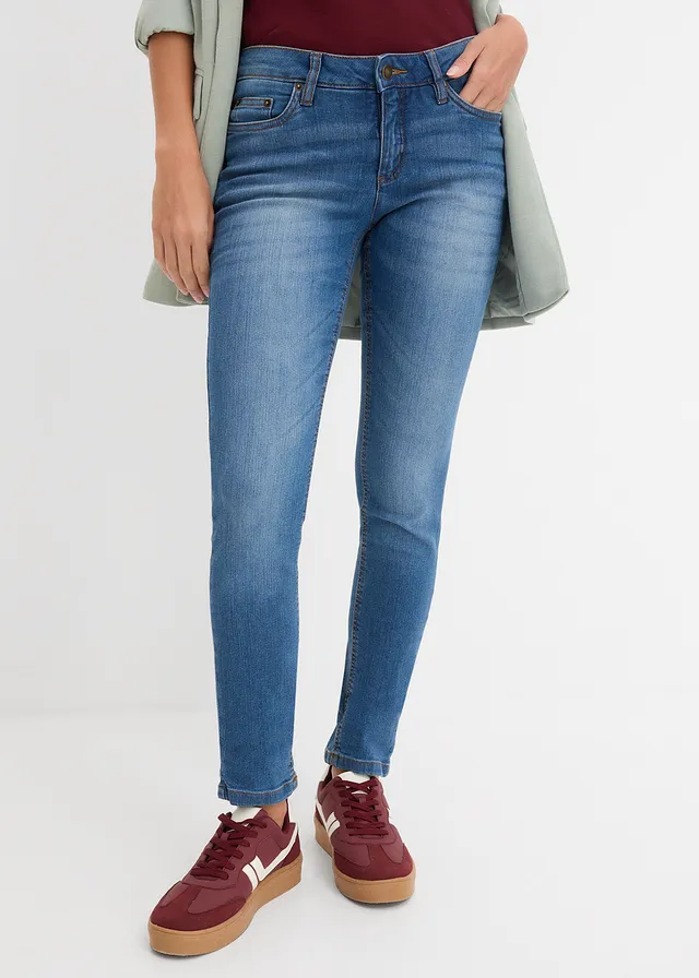 Dżinsy ze stretchem skinny, mid waist, kolor: niebieski "used"