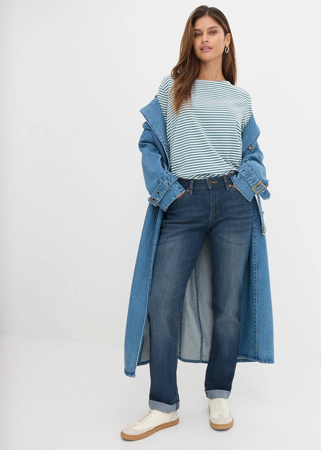 Strečové džíny Straight, High Waist pepřově zeleno-bílá s proužky