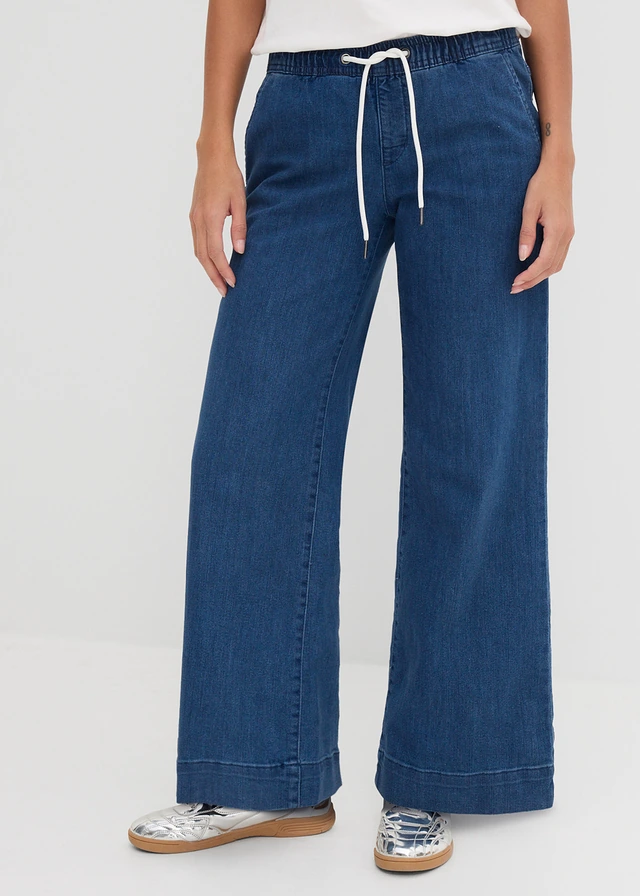 Mid waist stretch jeans, wide leg, Kleur: blauw denim