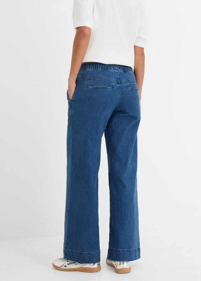 Jean large taille mi-haute, extensible, Couleur: bleu denim