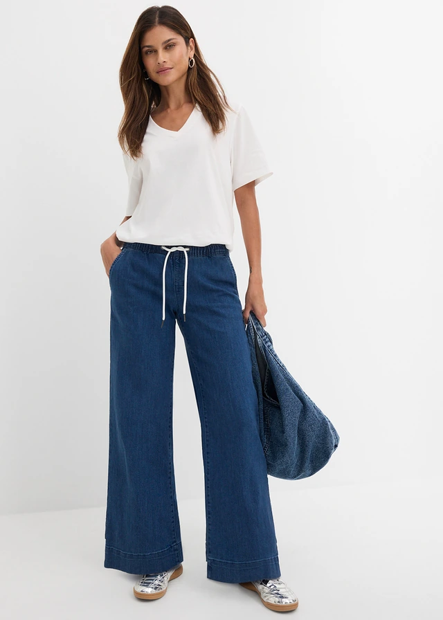 Jean large taille mi-haute, extensible, Couleur: bleu denim