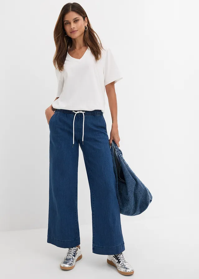 Strečové džíny Wide Leg, Mid Waist světle modrý denim