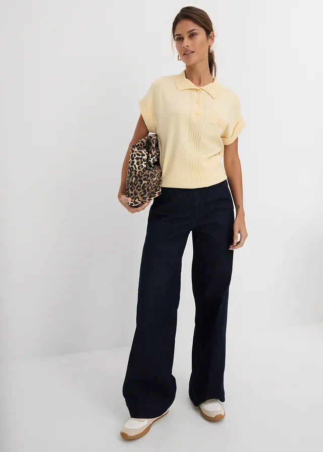 Mid waist stretch jeans, wide leg pastelgeel gemêleerd