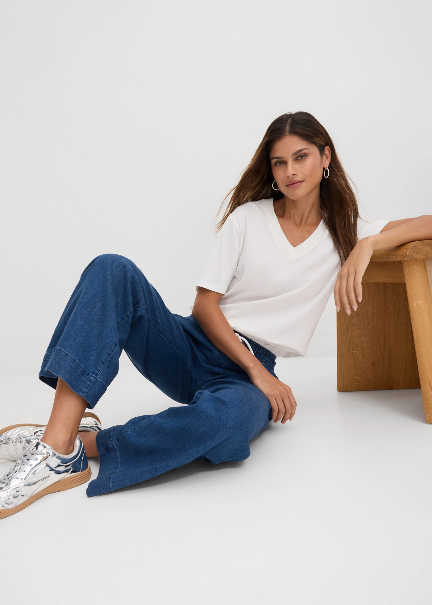 Mid waist stretch jeans, wide leg • blauw denim • bonprix online shop