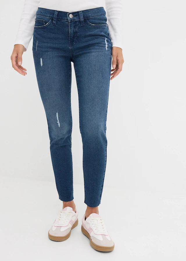 Jean skinny, taille mi-haute, court, Couleur: bleu foncé denim