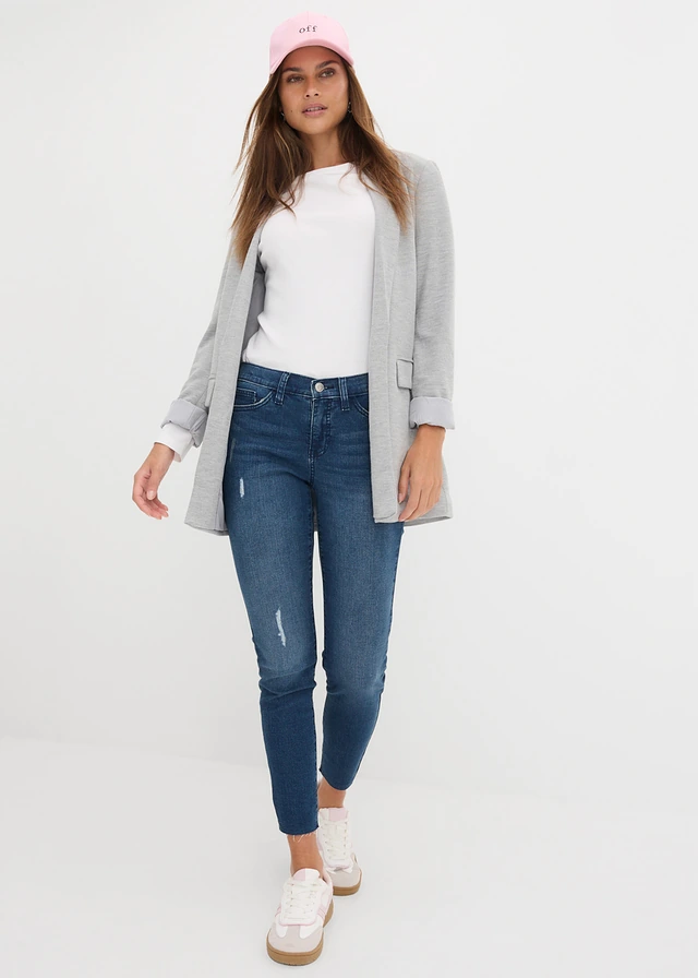 Jean skinny, taille mi-haute, court, Couleur: bleu foncé denim