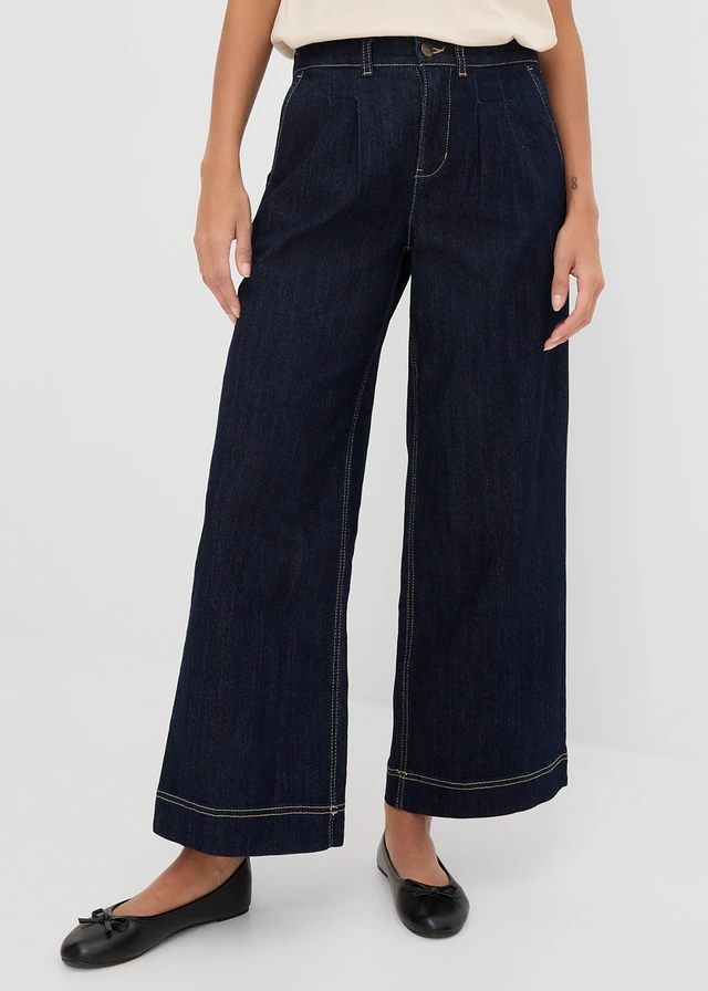 Wide leg jeans met comfortband, high waist, Kleur: donkerblauw denim