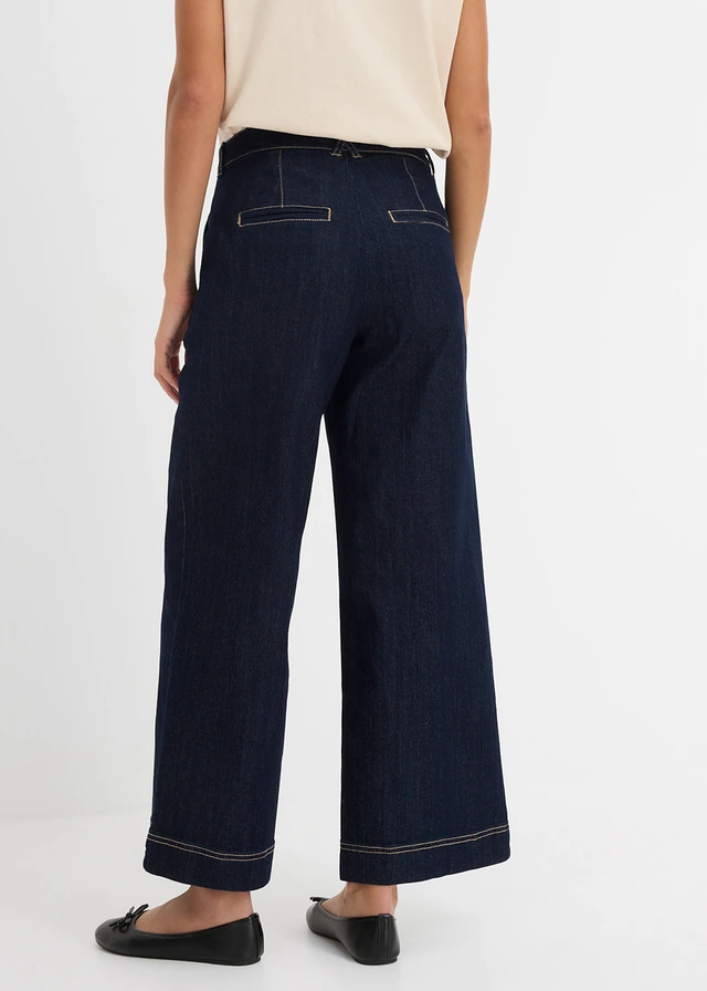 Wide leg jeans met comfortband, high waist, Kleur: donkerblauw denim