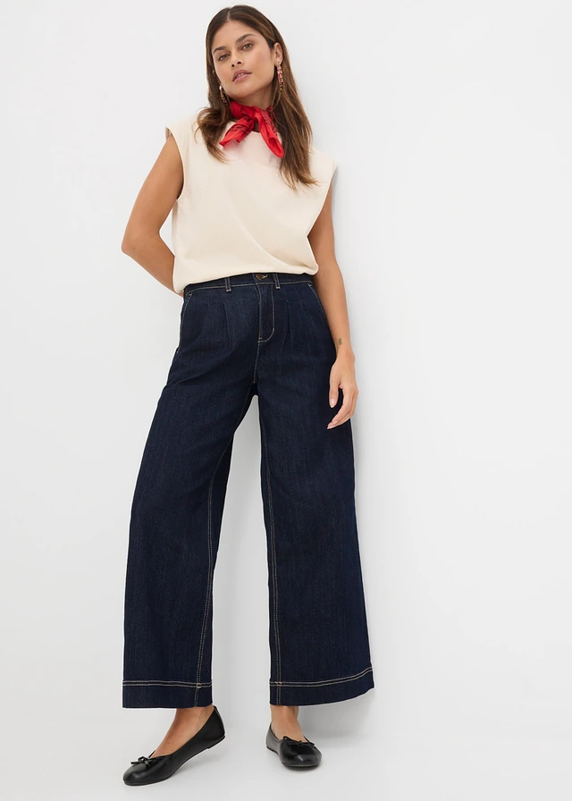 Jean large à taille haute élastiquée, Couleur: bleu foncé denim