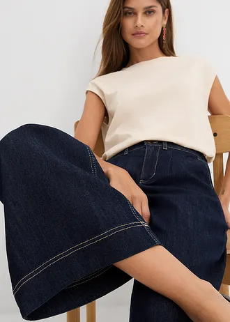 Dżinsy o kroju wide leg, high waist z wygodnym pasem • granatowy denim • sklep bonprix